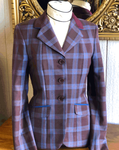 Burgundy and Light Blue Plaid-Burgundy Collar with Blue Pipping With belt or Without Belt